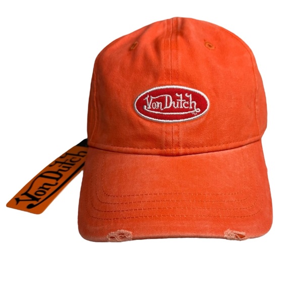 Von Dutch Distressed Denim Adjustable Hat/Cap Orange - Picture 2 of 7